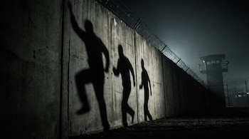 Siluetas de tres personas en un muro de hormigón con alambre de púas. Al fondo, una torre de vigilancia bajo un cielo nocturno.