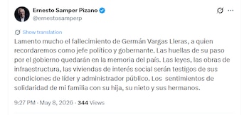 El expresidente Ernesto Samper lamentó profundamente el fallecimiento de Germán Vargas Lleras, reconociendo su trayectoria como jefe político y gobernante - crédito @ernestosamperp/X
