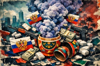 Matrioshka rusa abierta con humo, sobres con escudo de Rusia, billetes de dólar, fusil AK-47, pistola, paquetes de cocaína, rascacielos y palmeras.