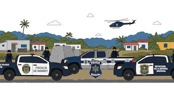 Tres camionetas patrulla de la Fiscalía de Nayarit, Policía Estatal y Secretaría de la Defensa Nacional con militares o policías, un helicóptero y casas en un paisaje rural.
