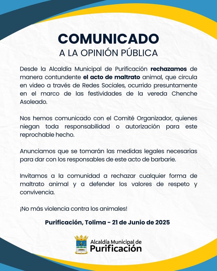 Las autoridades rechazaron el violento acto - crédito Alcaldía de Purificación / Facebook