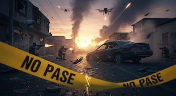 Una calle con un auto y edificios dañados, hombres armados disparando, dos drones volando, columnas de humo y una cinta amarilla con la frase "No Pase".