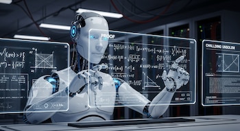 Un robot humanoide blanco con ojos azules brillantes manipula tres pantallas holográficas translúcidas que presentan complejas ecuaciones y gráficos matemáticos.