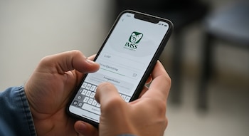 Manos de un hombre sosteniendo un teléfono celular con la pantalla mostrando la aplicación del IMSS, campos de texto y un teclado virtual.