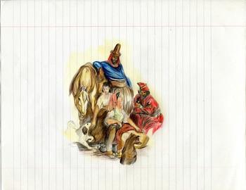 Dibujo a color sobre hoja de papel rayado que presenta cuatro personas en traje tradicional, un caballo, dos perros y recipientes junto al fuego