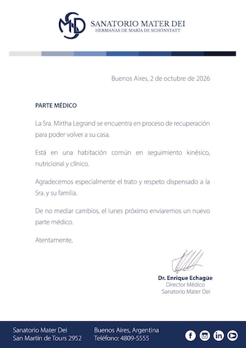 Documento impreso con el membrete del Sanatorio Mater Dei, el texto del parte médico de Mirtha Legrand y la firma del doctor Enrique Echagüe