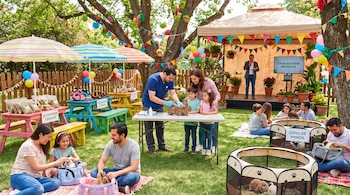 Personas interactúan con conejos y cuyos en un jardín decorado con guirnaldas, mesas de productos y un escenario con un ponente.