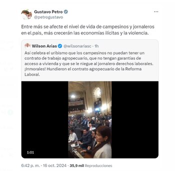 La presidente Petro advirtió que esta decisión podría aumentar la violencia y las economías ilegales si no se mejora la situación de los campesinos - crédito @petrogustavo/X