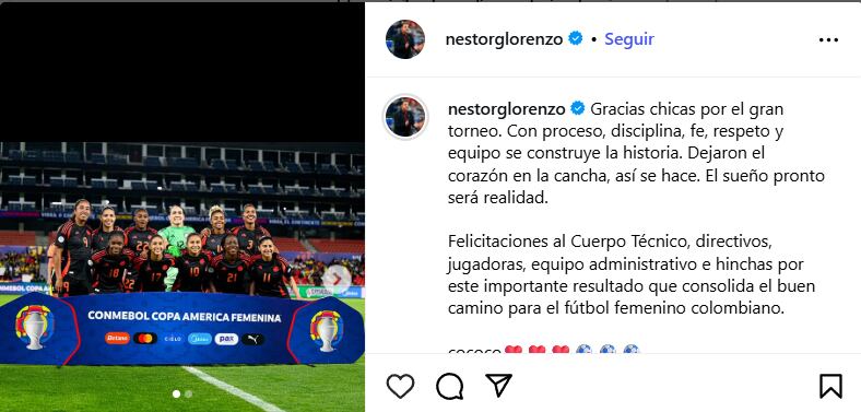Néstor Lorenzo envió un mensaje de aliento a la Selección Colombia Femenina por el subcampeonato en la Copa América 2025 - crédito @nestorglorenza/Instagram