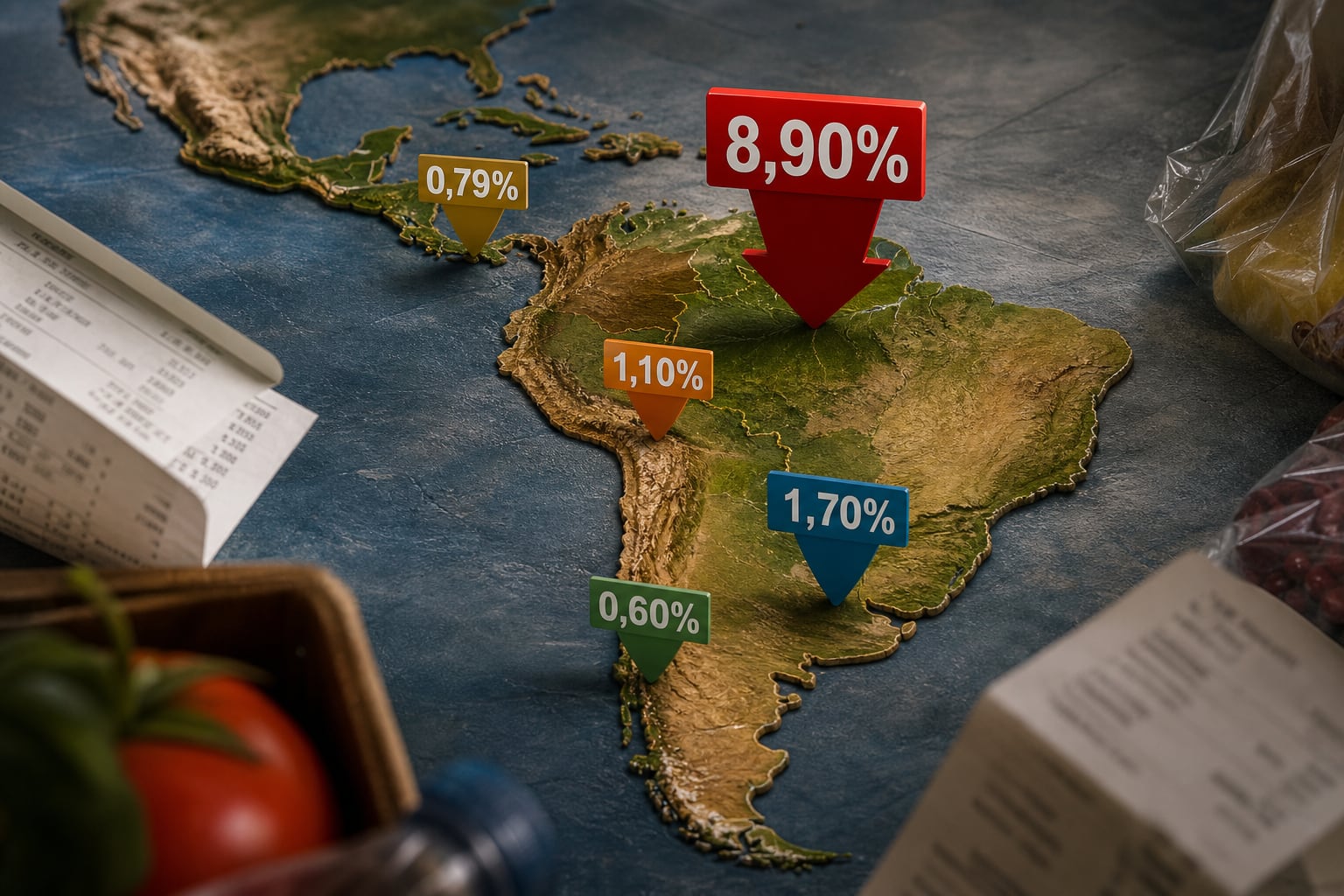 Un mapa de América Latina señala los porcentajes de inflación mensual de agosto, liderados por Venezuela con un 8,90 % frente a otros países de la región. (Imagen Ilustrativa Infobae)