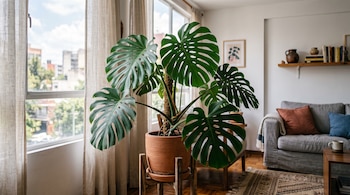 Monstera deliciosa en maceta de terracota sobre un soporte de madera frente a una ventana grande, junto a un sofá gris.
