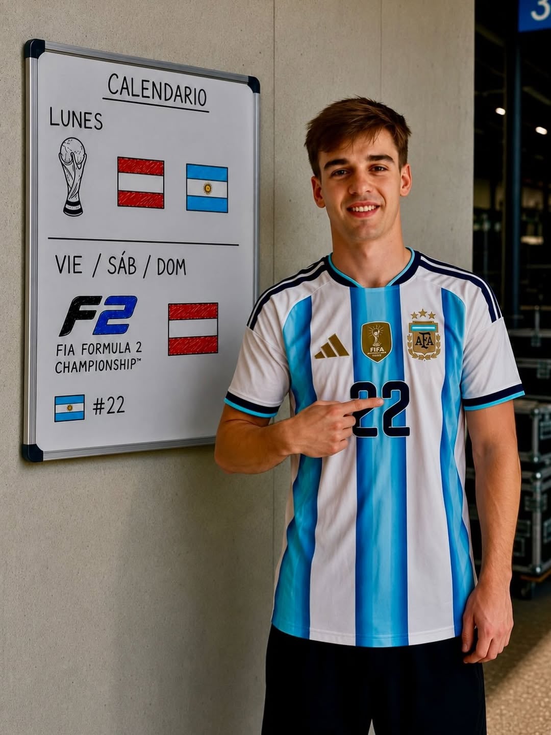 Nico Varrone con la camiseta de la Selección. A su lado un pizarrón que indica el partido ante Austria y la fecha de la Fórmula 2 en dicho país este fin de semana (IG @nicovarrone1)