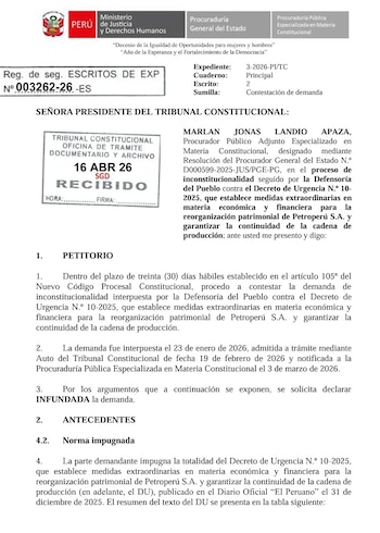 Respuesta del Ejecutivo a la demanda de la Defensoría