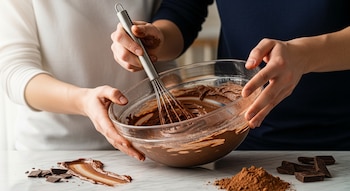 Primer plano de dos manos mezclando mousse de chocolate en un bol de vidrio con un batidor sobre una mesa de mármol blanco con chocolate y cacao.