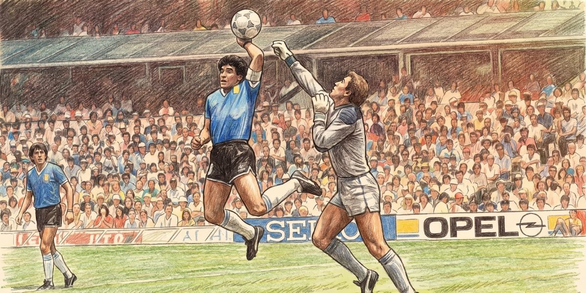 Maradona salta junto a Peter Shilton para anotar la famosa