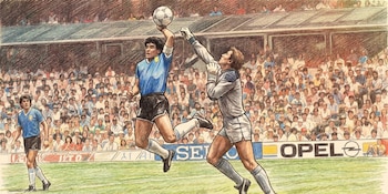 Maradona salta junto a Peter Shilton para anotar la famosa "mano de Dios" en el partido ante Inglaterra por los cuartos de final (Imagen Ilustrativa Infobae)
