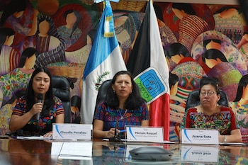 Mujer de cabello oscuro, Juana Sotz, sentada con blusa tejida colorida, hablando por micrófono en una mesa, con placa de nombre visible