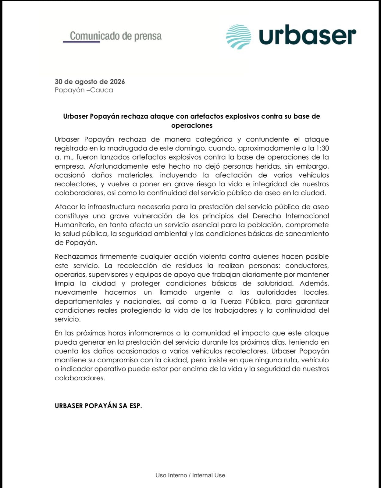 Urbaser informó que no hubo personas heridas en el ataque con explosivos, aunque sí se registraron daños materiales en varios vehículos recolectores - crédito Urbaser
