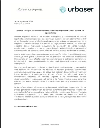 Urbaser informó que no hubo personas heridas en el ataque con explosivos, aunque sí se registraron daños materiales en varios vehículos recolectores - crédito Urbaser