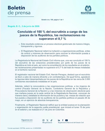 Registraduría destacó transparencia en el escrutinio de las presidenciales - crédito Registraduría