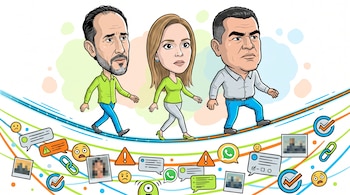 Caricatura de Iván Cepeda, Paloma Valencia y Abelardo de la Espriella caminando sobre una cuerda floja digital. Abajo se ven íconos de mensajes virales, emojis, cadenas de WhatsApp y encuestas.