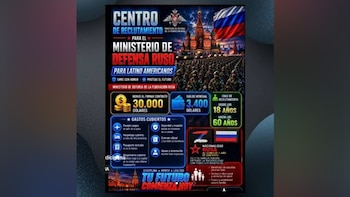 Afiche en español del Ministerio de Defensa de Rusia con imágenes del Kremlin, la bandera rusa, soldados y ofertas en dólares