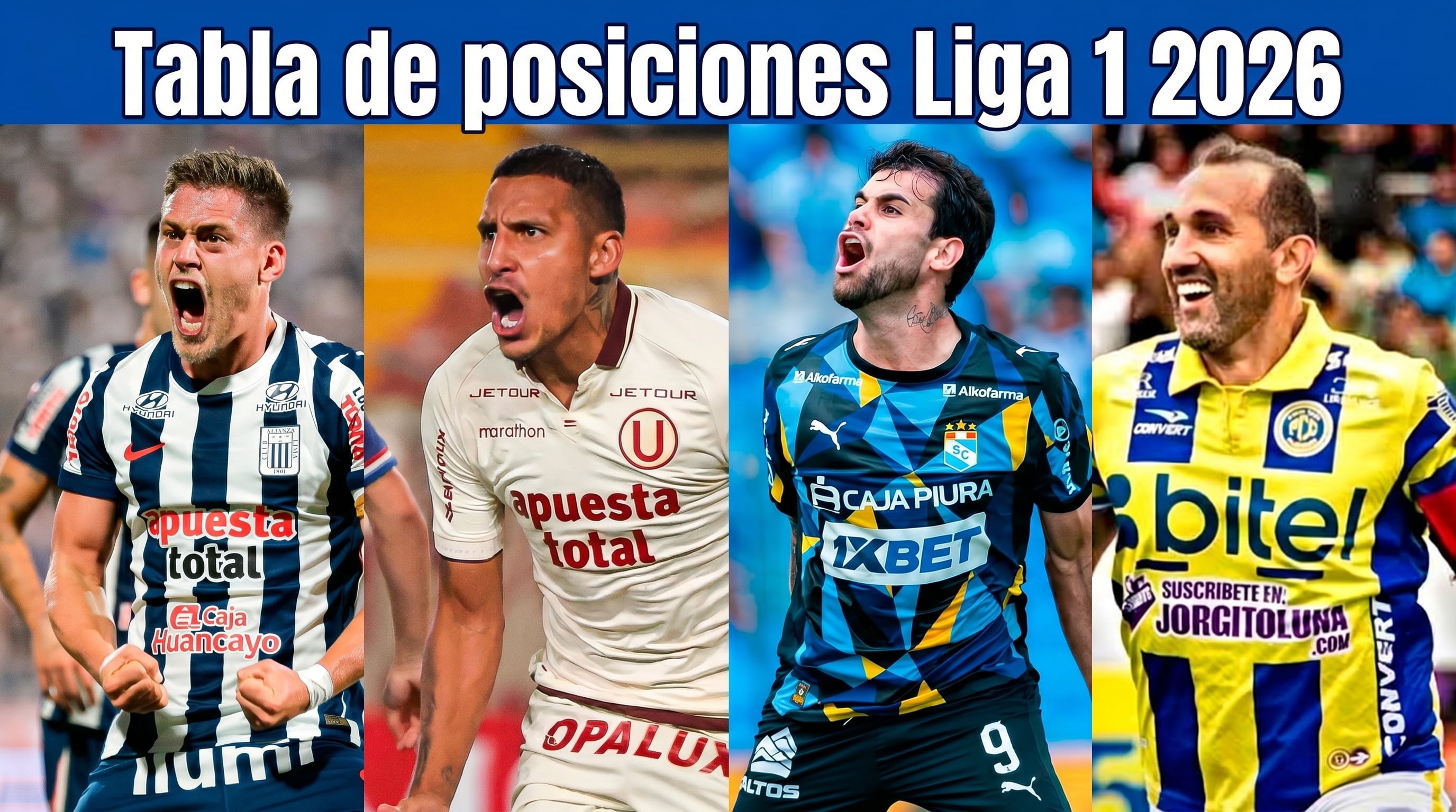 Cuatro jugadores de diferentes clubes peruanos de la Liga 1 2026 muestran expresiones intensas y celebratorias, reflejando la pasión y la competencia del torneo de fútbol nacional. (Imagen Ilustrativa Infobae)