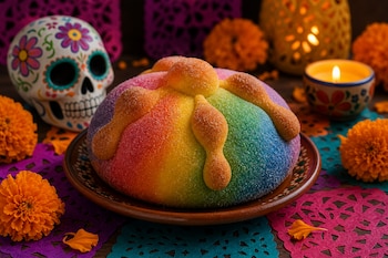Un pan de muerto decorado con azúcar multicolor sobre un plato de barro, junto a flores de cempasúchil, papel picado y una calavera.