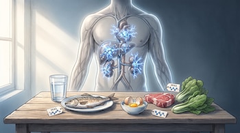 Mesa con pescado, carne, huevo, vaso de agua, verduras y etiquetas de PFAS. Silueta de un cuerpo humano con órganos internos que contienen moléculas de PFAS.