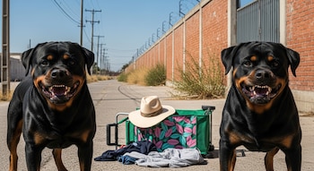 Dos perros rottweiler negros con manchas fuego muestran los dientes. Al fondo, un sombrero beige, un carrito de compras volcado, ropa, un muro de ladrillo y postes.