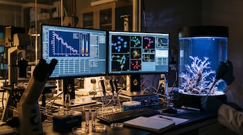 Mesa de laboratorio con dos monitores que exhiben gráficos celulares, un microscopio, pipetas y un tanque cilíndrico con organismos marinos.