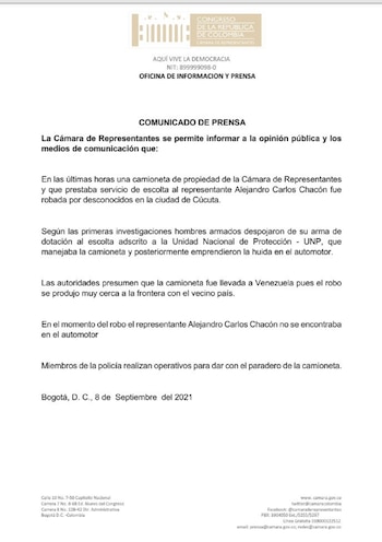 Comunicado Congreso robo vehículo