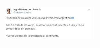 Esta fue la respuesta que ofreció Ingrid Betancourt tras el triunfo de Javier Milei en las elecciones presidenciales de Argentina - crédito @IBetancourtCol/X