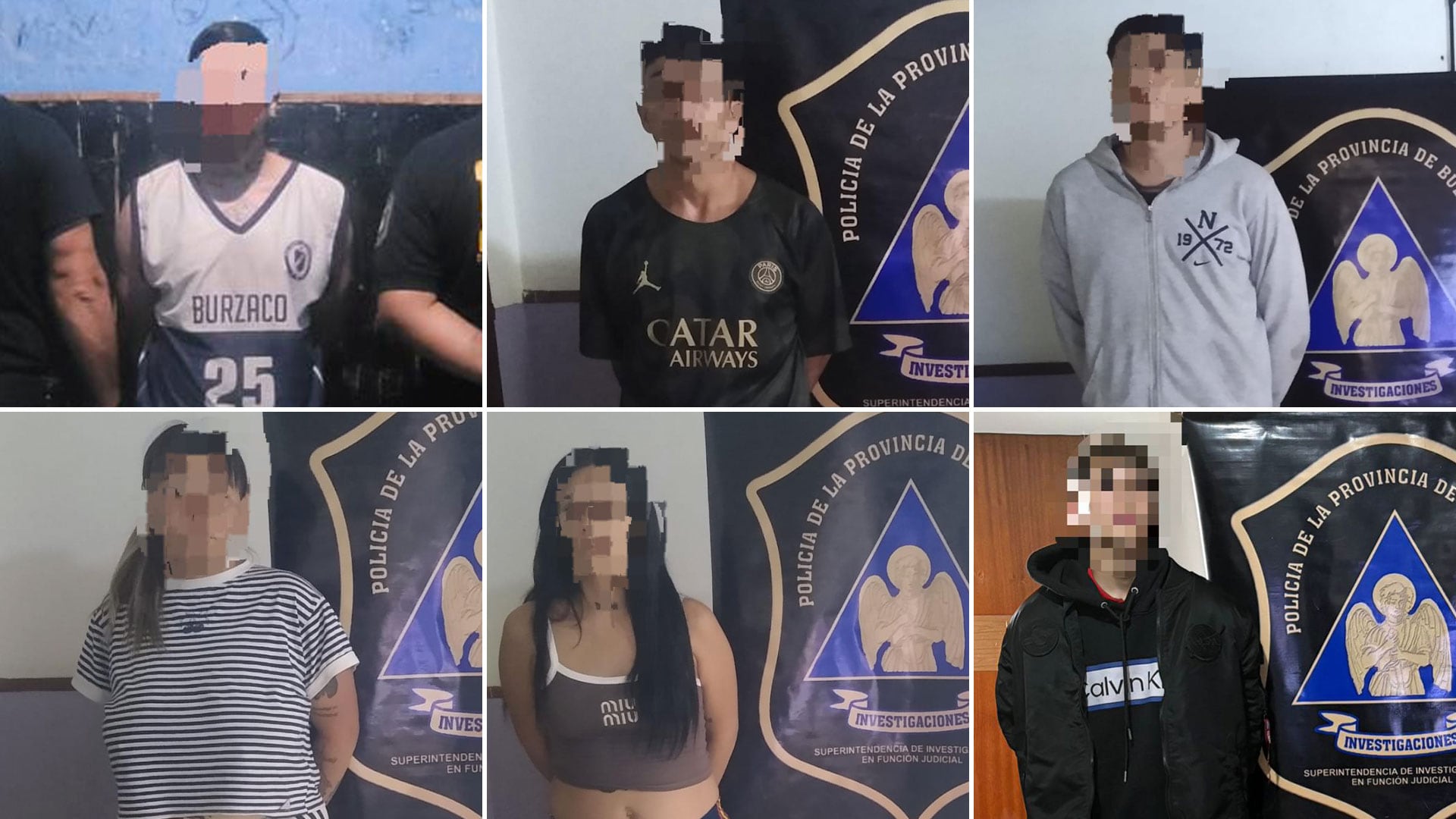 Enzo Jonathan Antune Risoto (29), detenido el 31 de diciembre de 2025; Ezequiel Ulises Morillas (22), Claudio Alejandro Ledesma (30), Lucía Abril Juárez (25) y Agustina Gabriela Juárez (28), detenidos el 6 de marzo de 2026; y Adrián Nicolás Ávila (18), detenido el 6 de julio de 2026