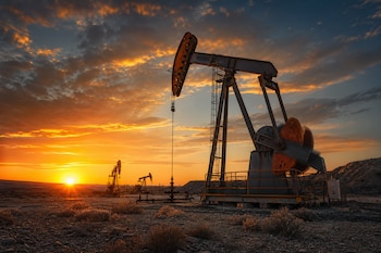 Balancines de extracción petrolera sobre terreno árido con matorrales secos y cielo anaranjado durante el atardecer.