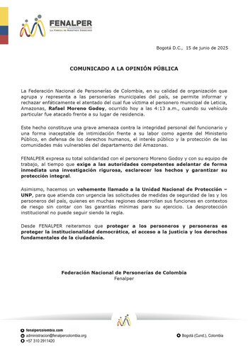 Comunicado Fenalper sobre atentado contra