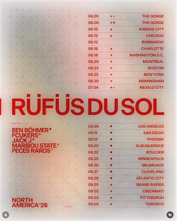 Texto rojo Rüfüs Du Sol, lista de fechas y ciudades para Norteamérica 2026, artistas de apoyo como Fcukers, Ben Böhmer, fondo blanco con cruces rojas