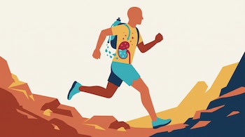 Ilustración de un corredor en un terreno rocoso con una mochila de agua y un dibujo de un riñón en el torso.