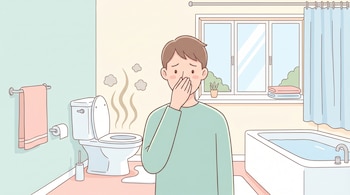 Ilustración de un hombre en un baño moderno cubriéndose la nariz debido a un mal olor que sale del inodoro, con unas gotas de agua en el suelo.