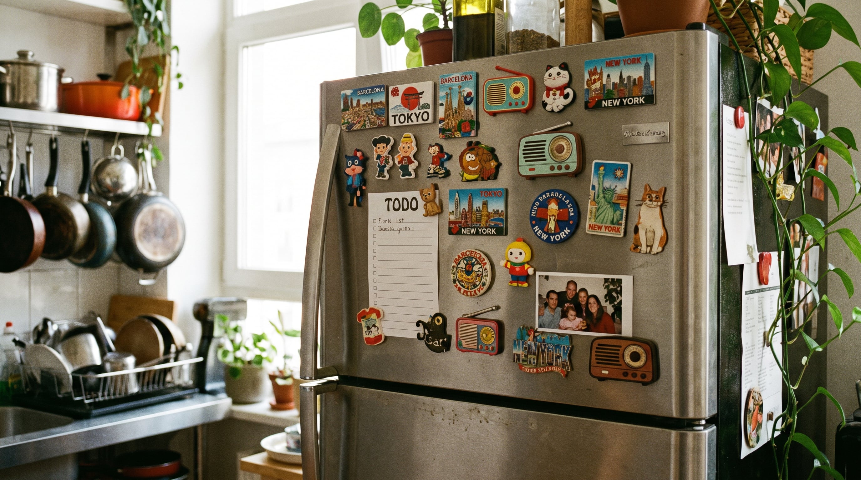 La puerta de un refrigerador de acero inoxidable exhibe una variada colección de imanes decorativos, que incluye destinos de viaje y una foto familiar. (Imagen Ilustrativa Infobae)