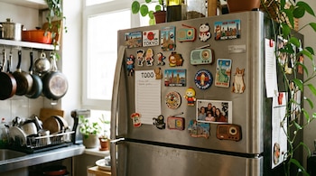 Un refrigerador de acero inoxidable con numerosos imanes decorativos y una foto de familia. Se ven ollas, sartenes, plantas, un fregadero y un escurridor de platos.