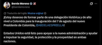 Bernie Moreno anunció en X su participación en la investidura y reiteró su apoyo al presidente electo de Colombia - crédito @berniemoreno/X