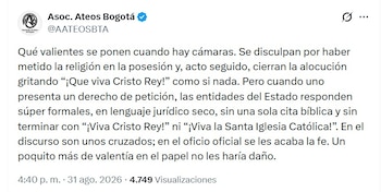 El colectivo compartió su posición ante el discurso de De la Espriella la tarde del lunes 31 de agosto de 2026 vía X - crédito @AATEOSBTA/X