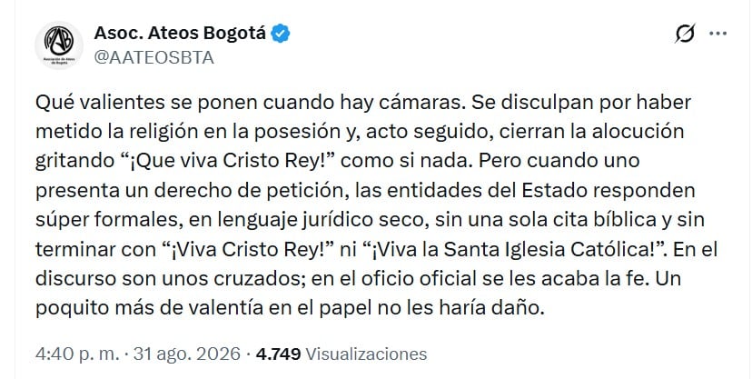 El colectivo compartió su posición ante el discurso de De la Espriella la tarde del lunes 31 de agosto de 2026 vía X - crédito @AATEOSBTA/X