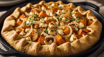 Tarta salada en una fuente de hierro fundido, con base de masa, trozos de calabaza asada, queso feta, aros de cebolla y ramitas de tomillo.
