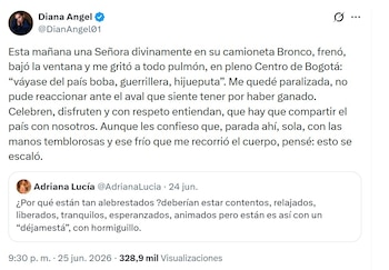 La actriz Diana Ángel denunció haber sido víctima de insultos y hostigamiento verbal en el centro de Bogotá, en medio del clima de polarización política tras las elecciones - crédito @DianaAngel01/X