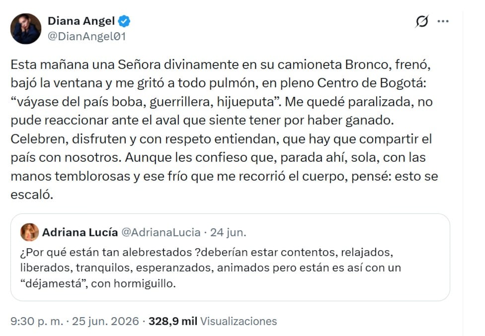 La actriz Diana Ángel denunció haber sido víctima de insultos y hostigamiento verbal en el centro de Bogotá, en medio del clima de polarización política tras las elecciones - crédito @DianaAngel01/X