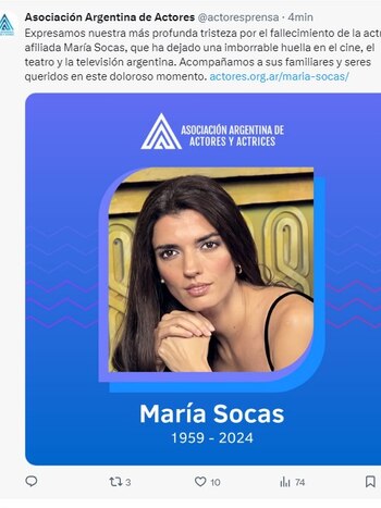 María Socas falleció a los 65 años y la Asociación Argentina de Actores expresó sus condolencias en X (X)