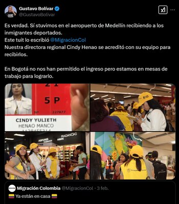 Gustavo Bolívar mostró evidencias de que su equipo de Prosperidad Social sí estuvo en el aeropuerto recibiendo a los colombianos deportados - crédito @GustavoBolivar / X