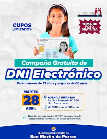 La campaña está dirigida a menores de 17 años y adultos mayores de 60, quienes podrán tramitar el DNIe sin costo - Créditos: Municipalidad de Lima.